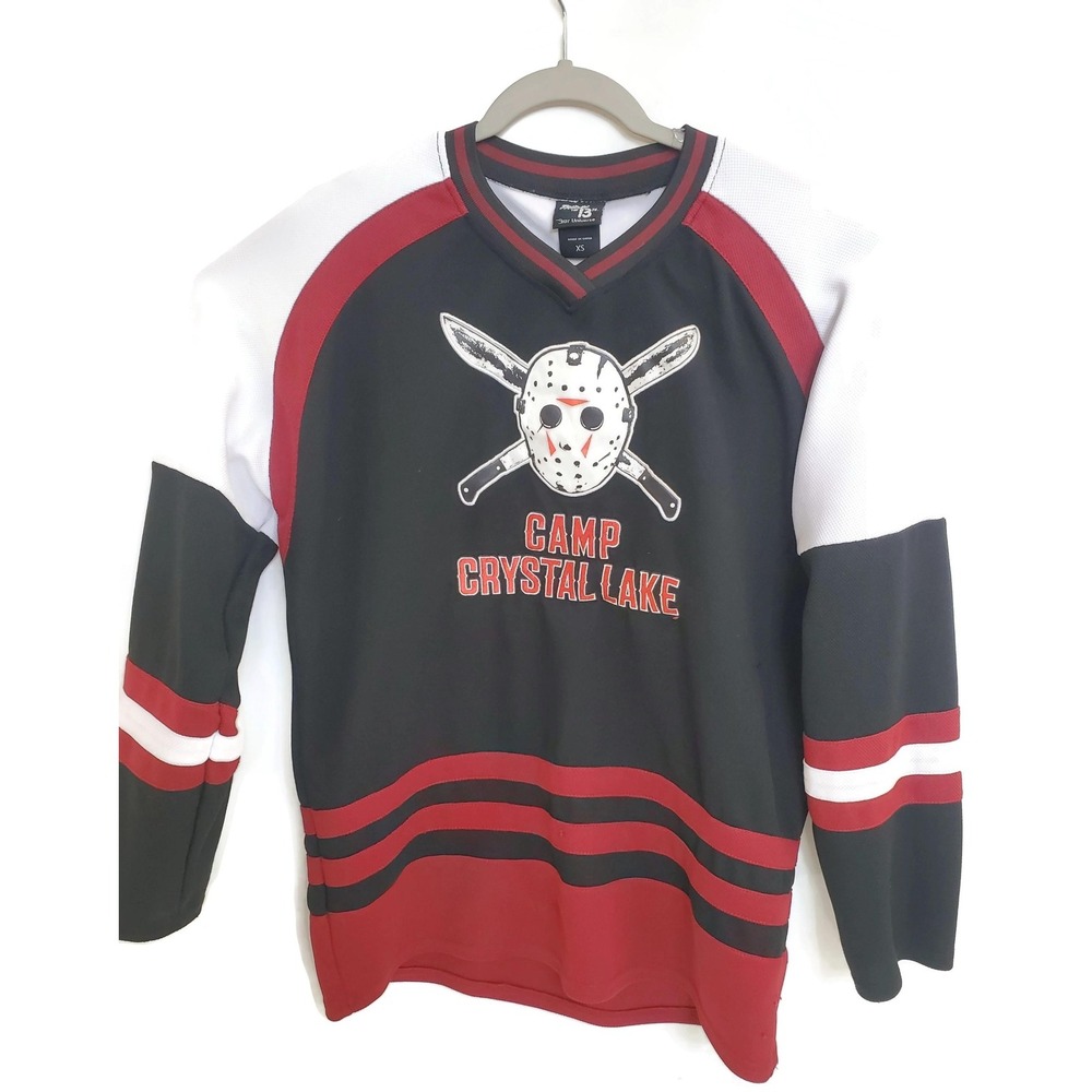 Friday the 13th Shirt Mens XS‎ Black Red Camp Crystal Lake Hockey Jersey Graphic